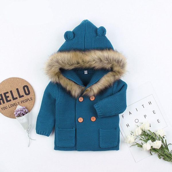 

pudcoco us stock new 0-24m baby sweater coat cute fur collar animal hooded knitting baby coat autumn winter warm clothes, Blue;gray