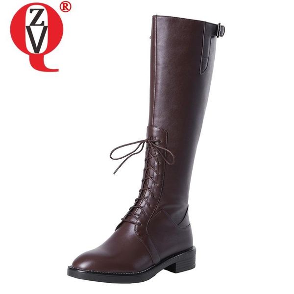 

zvq winter new fashion knee high boots outside comfortable low heels round toe genuine leather zip women shoes drop shipping, Black