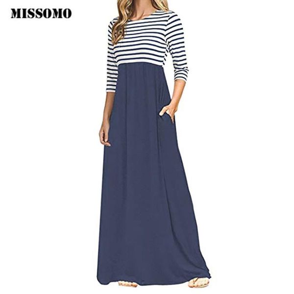 

missomo summer dress women causal vestidos stripe long sleeve high waist boho long maxi dress plus size with pockets wholesale 7, Black;gray