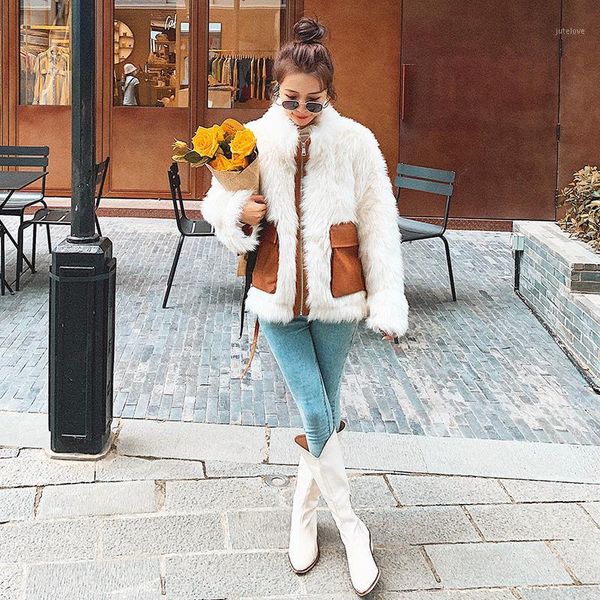 

autumn winter 2020 female jacket new loose thickened casual long fur imitation contrast big pocket wool short women coat a851, Black