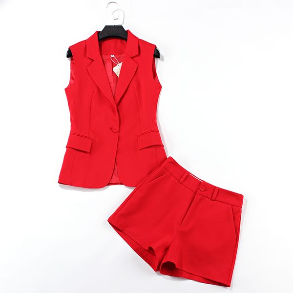Takım elbise elbise takım elbise kadın profesyonel şort iki parçalı moda rahat kırmızı kolsuz ceket yaz yeni kadın giyim 200922