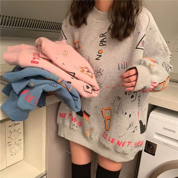 

nicemix print oversize autumn new korean fashion womens clothing harajuku style ulzzang loose long sleeve hoodies sweatshirts, Black