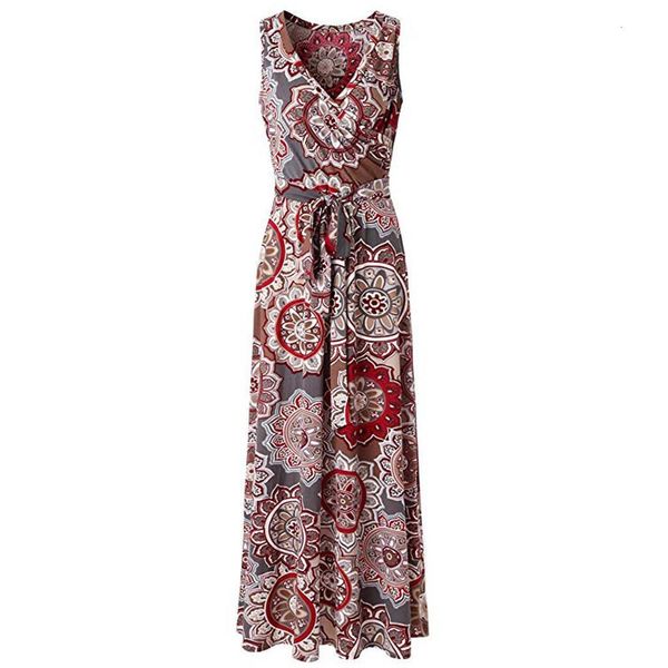 

bohemian national style floral print summer beach dress women casual elegent v neck sleeveless summer sleeveless long maxi dress, Black;gray
