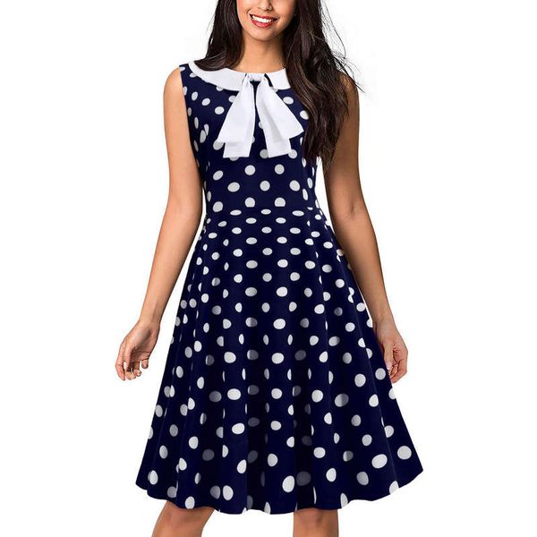 

y4092 summer women's round neck dot polka bow swing dress, Black;gray