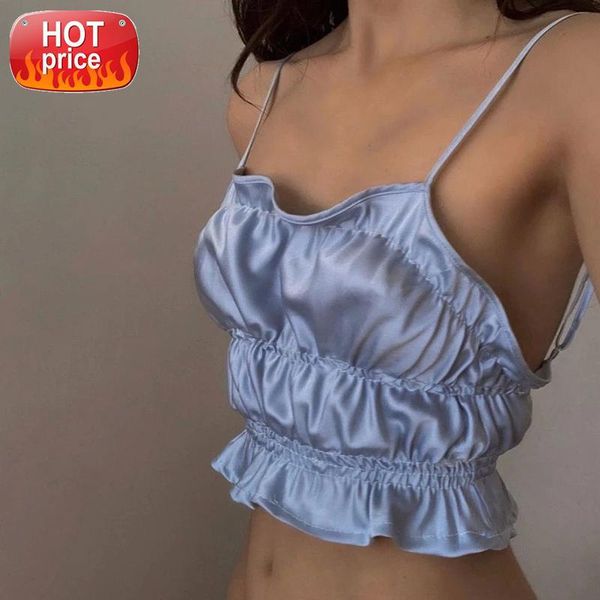 

hirigin women tank vest crop clubwear streetwear 2020 summer sleeveless strap ruffles slim solid color camis outwear #wn30, White