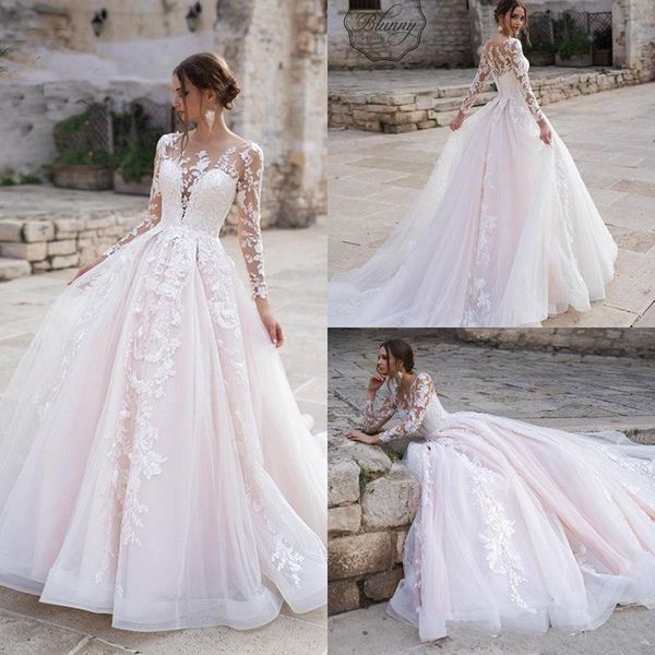 

new arrival blush pink modern plus size wedding dresses sheer neck long illusion sleeves a line wedding dress bridal gowns vestidos de novia, White