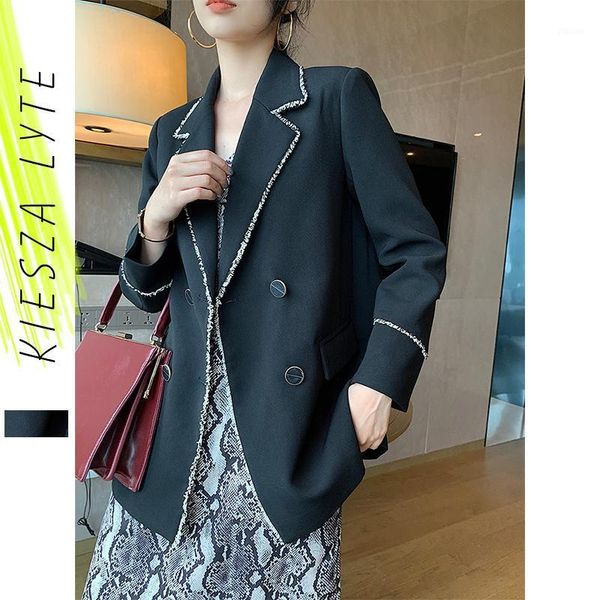 

runway women blazer fashion double breasted long sleeve lady casual black suit jacket coat1, White;black