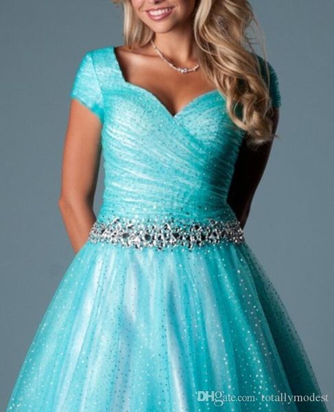 Teal vestido de baile modesto vestidos de baile com mangas longas até o chão cristais ruched sparkly adolescentes modestos vestidos de festa formal sh244g