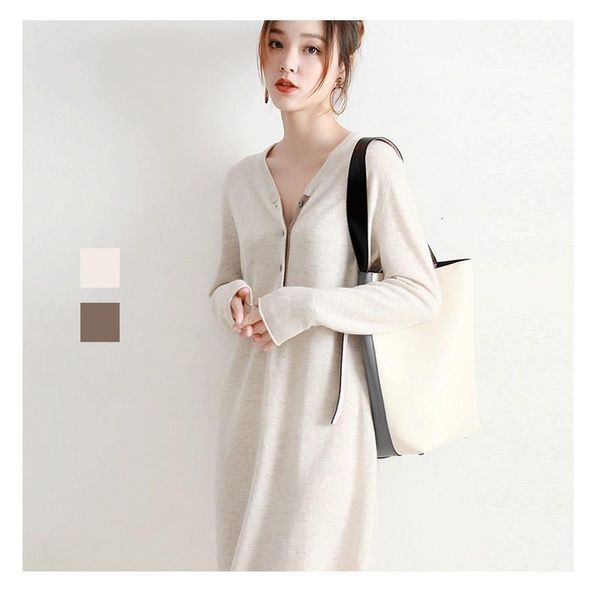 

beliarst new autumn and winter large size women's long section cashmere dress pullover wool knit loose v-neck sweater dress, Black;gray