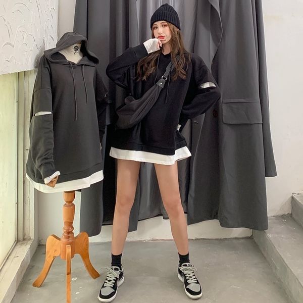 

autumn 2020 new fake two piece patchwork sweater medium length long sleeve loose hooded women's wear