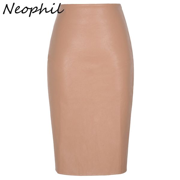 

neophil 2020 faux fur leather pu midi women pencil skirts high waist black ladies office wrap stretch jupe femme saia s1102 1014