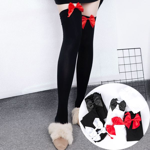 

fashion bowknot women stretch lace bow thigh high over knee female long stay up stockings, Black;white