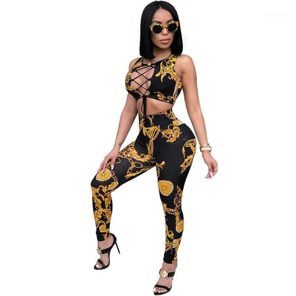 

hollow out two piece set women lace up chain print crop and bodycon pants leggings party clubwear1, White