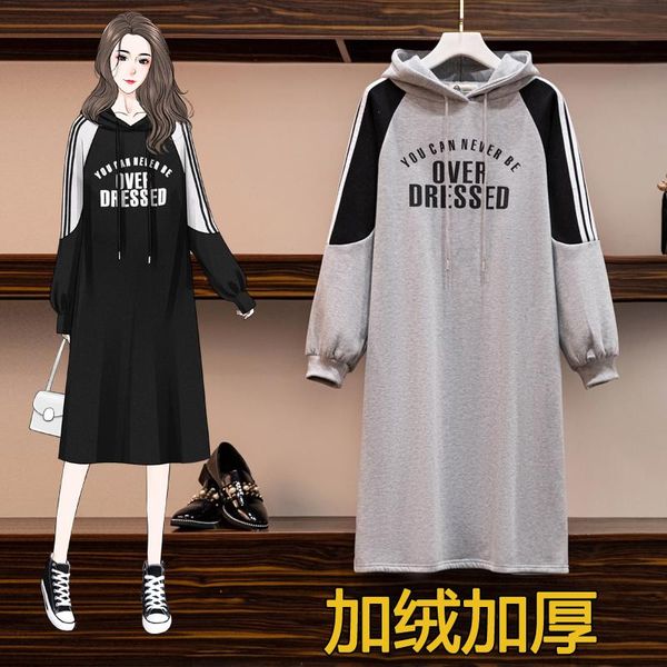 

fashion women's dress 2020 winter new large size loose and thin contrast color hooded plus fleece sweater dress, Black;gray