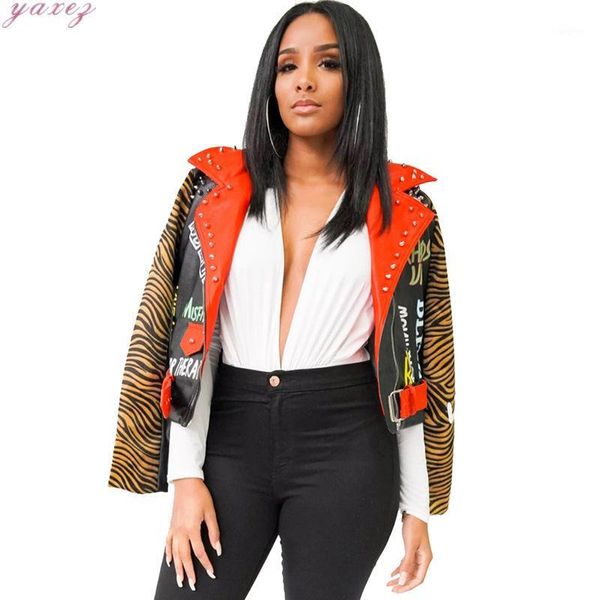 

women's studded leather printing casual fashion coat rivet cool show charm slim short feminino jacket women turn-down collar1, Black
