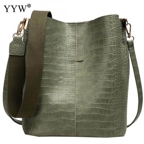 

female totes shoulder bags crocodile grain bucket bag open large cpacity handbag female vintage softbags green bolso mujer