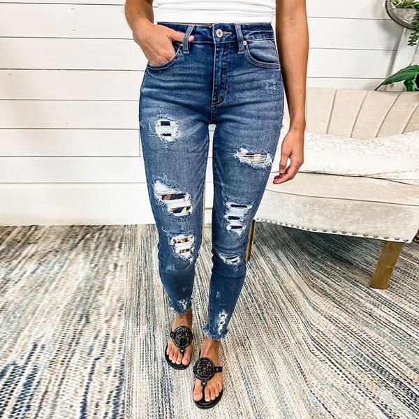 

autumn winter new women's hole jeans high waisted leopard patchwork capris hand-made dilapidated nine point pencil skinny pants 78403, Blue