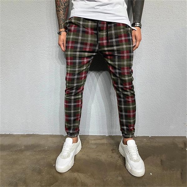 

fashion- plaid print mens designer pants fashion pockets mens skinny pants casual mens running pants males clothing, Black