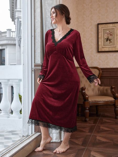 

plus velvet contrast lace night dress 939f#, Black;white