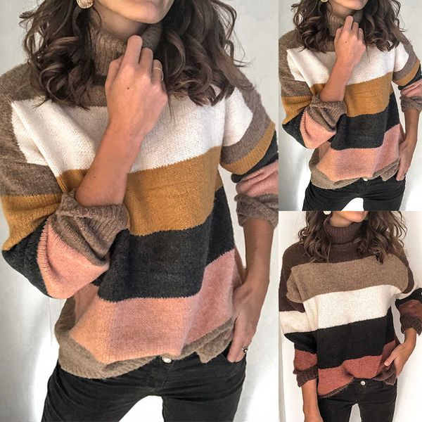 

women's stripe knitted turtleneck loose long sleeve wild casual sweater, White;black