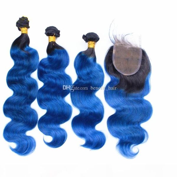

ombre blue color human hair weaves with lace closure dark roots 1b blue body wave 3 bundles with lace cloure middle part, Black