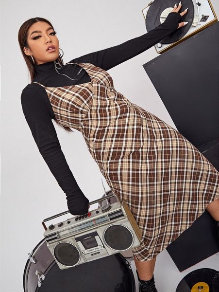 

plus tartan cami dress without v574#, Black