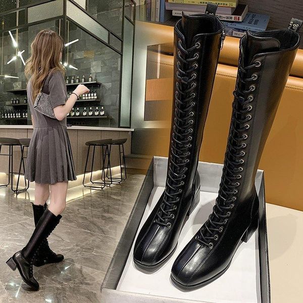 

boots autumn and winter ladies knight square heel high temperament women's pu solid color toe, Black