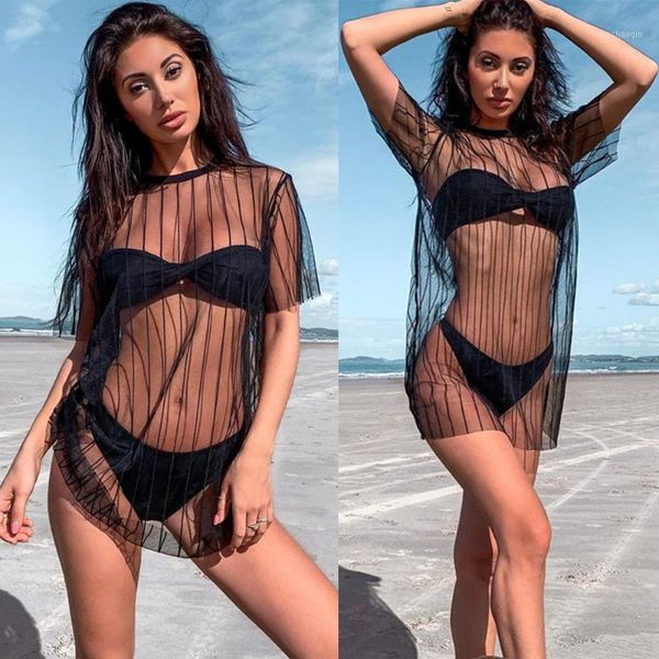 

cover-ups summer 2021 t shirt women black gauze mesh sheer long shirts casual loose t-shirts transparent 1