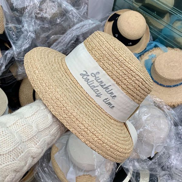 

lafite straw women's new letter wide lace decoration summer sunscreen cornice hat temperament woman, Blue;gray