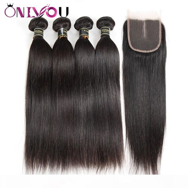 

silk straight human hair bundles with 4x4 middle part lave closure brazilian peruvian raw indian virgin hair extension weaves bundles, Black;brown