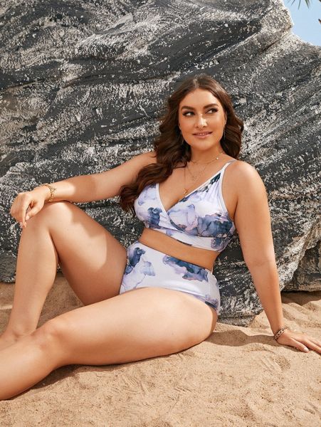 

plus marble print high waisted bikini swimsuit e0y2#, Black