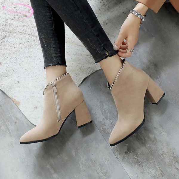 

british college style pointed toe nubuck ankle boots fashion zipper black yellow beige high heel thick women's riding boots