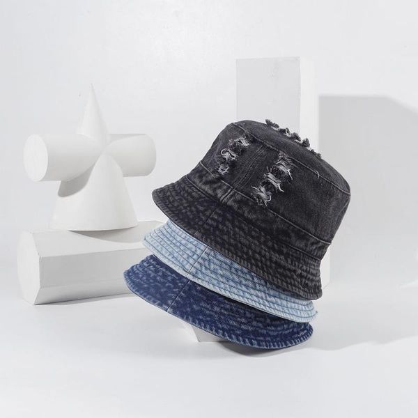 

meltryllis]new solid denim retro fisherman hat panama warm windproof bucket hat outdoor travel sun cap for men women, Blue;gray