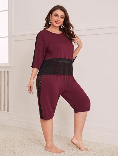 

plus lace insert pj set 60wa#, Black;white