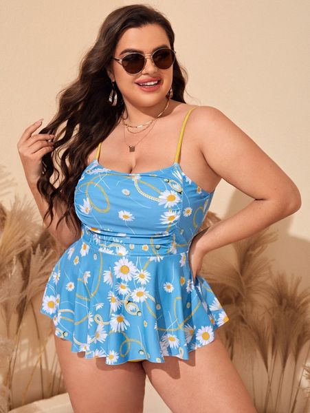 

plus daisy print ruffle hem bikini swimsuit a5ey#, Black