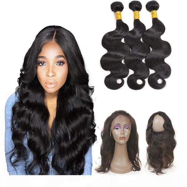 

brazilian body wave human hair weaves with 360 lace band frontal virgin human hair with bady hair 4pcs lot, Black;brown