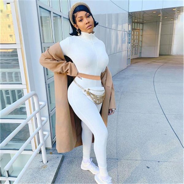 

ladies high neck sets fashion trend long sleeve zipper coats long pants suits designer female casual slim short pants two piece sets, White