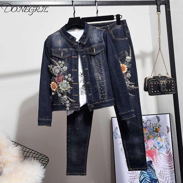 

autumn cowboy 2 piece set women long sleeve single breasted coat printed trousers three-dimensional flower pants piece set1, Gray