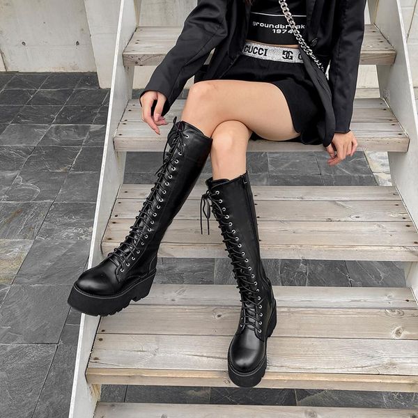 

chunky platform heels snow boots knee high boots women retro punk long woman lace up booties mujer 2020 new winter ymb347, Black