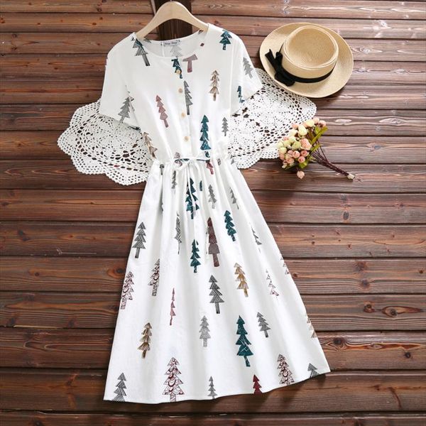 

2020 mori girl summer women cotton dress o neck tree printed casual loose vestidos mujer short sleeve elegant sweet chic dresses, Black;gray