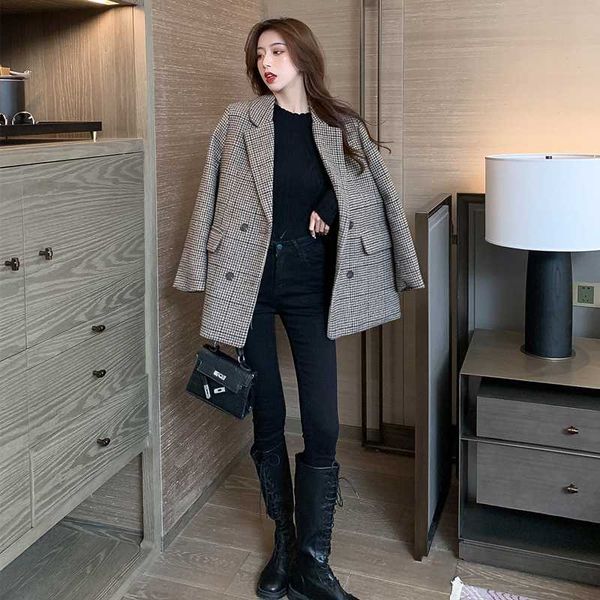

fashion women's 2020 autumn and winter new plaid popular suit thick woolen coat, Black