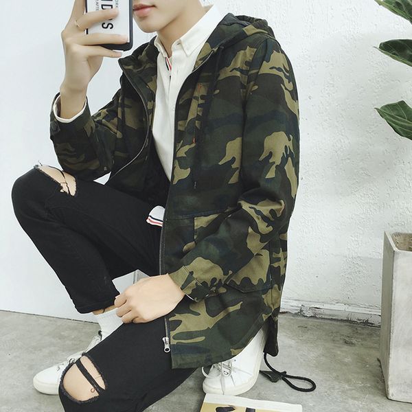 

new autumn men's medium length loose casual camouflage windbreaker sweater hooded cardigan coat fashion, Tan;black