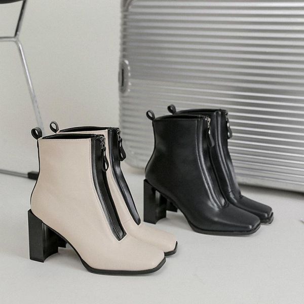 

new autumn winter ankle boots women punk square high heels shoes zipper knight boots patchwork square toe boot zapatos de mujer, Black