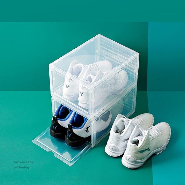 Scarpe da pallacanestro in plastica trasparente addensata Stoccaggio antipolvere Scarpa da tennis trasparente Organizzatore di avvio impilabile Scatole rosse domestiche Armadietto espositivo