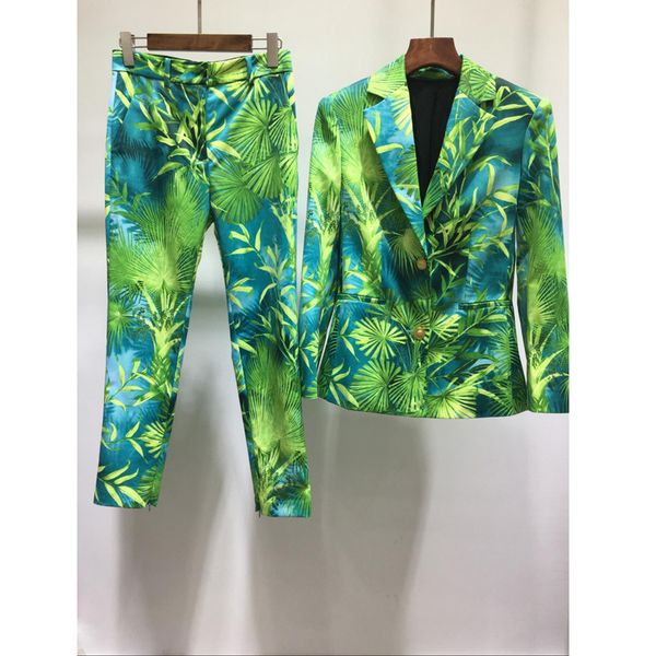 

summer women's two piece pants blazer coat vintage print green jungle print party sets vestidos 201007, White