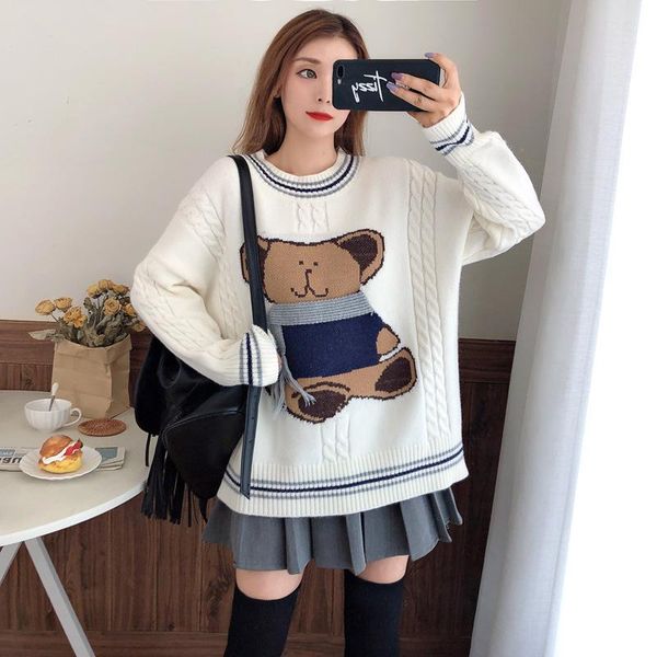 

korean cute bear pullover sweater women fall and winter loose and lazy wind outer wear mid-length twist knit top, White;black