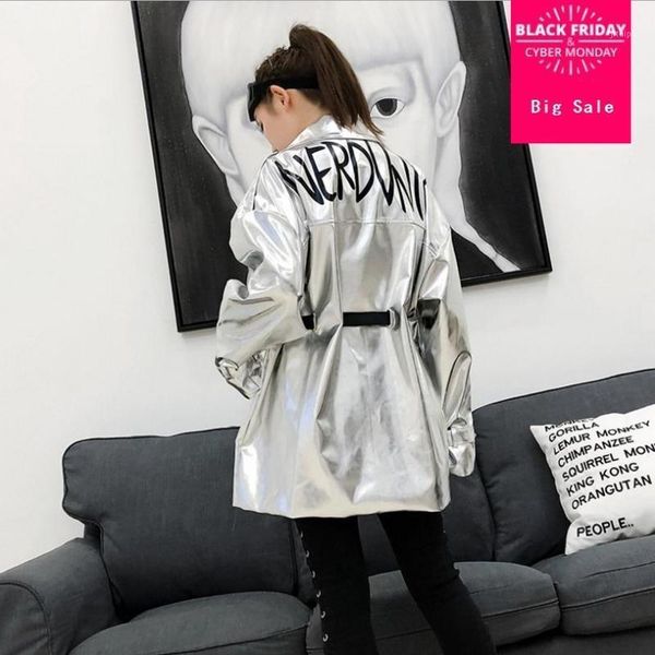 

2020 spring new thai tide brand back letter printing lapel loose letters pattern with belt waist pu leather coat wj17971, Black
