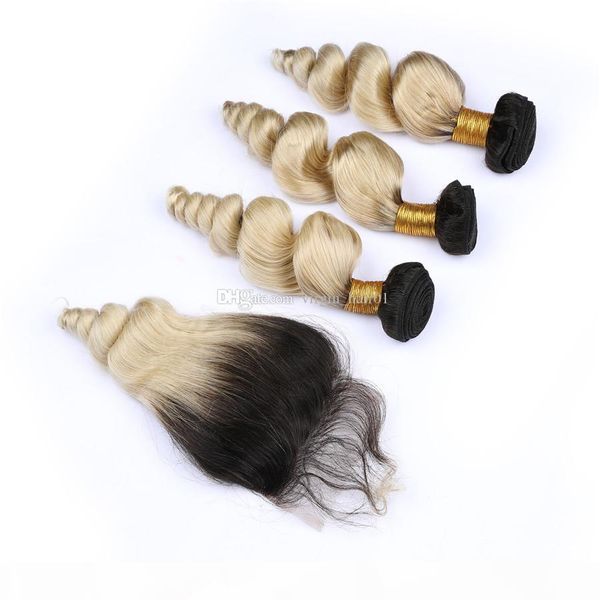 

malaysian virgin human hair blonde ombre loose wave 3bundles with closure 4pcs lot #1b 613 dark root ombre 4x4 lace front closure, Black;brown
