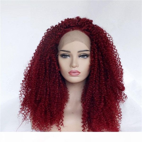 

burgundy synthetic hair lace frontal wig afro kinky curly simulation human hair lace front wigs perruques de cheveux humains 180727-t1557, Black;brown