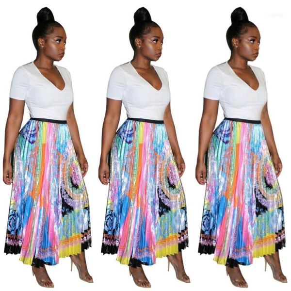 

classic style women summer maxi skirt vintage print high waist skirts womens fashion pleated skirt lj178211, Black